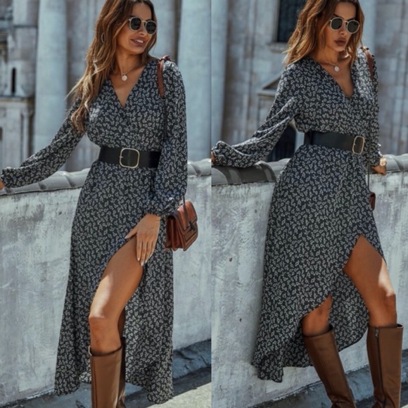 Boho Black Floral V neck Maxi Dress - Picture 5 of 5